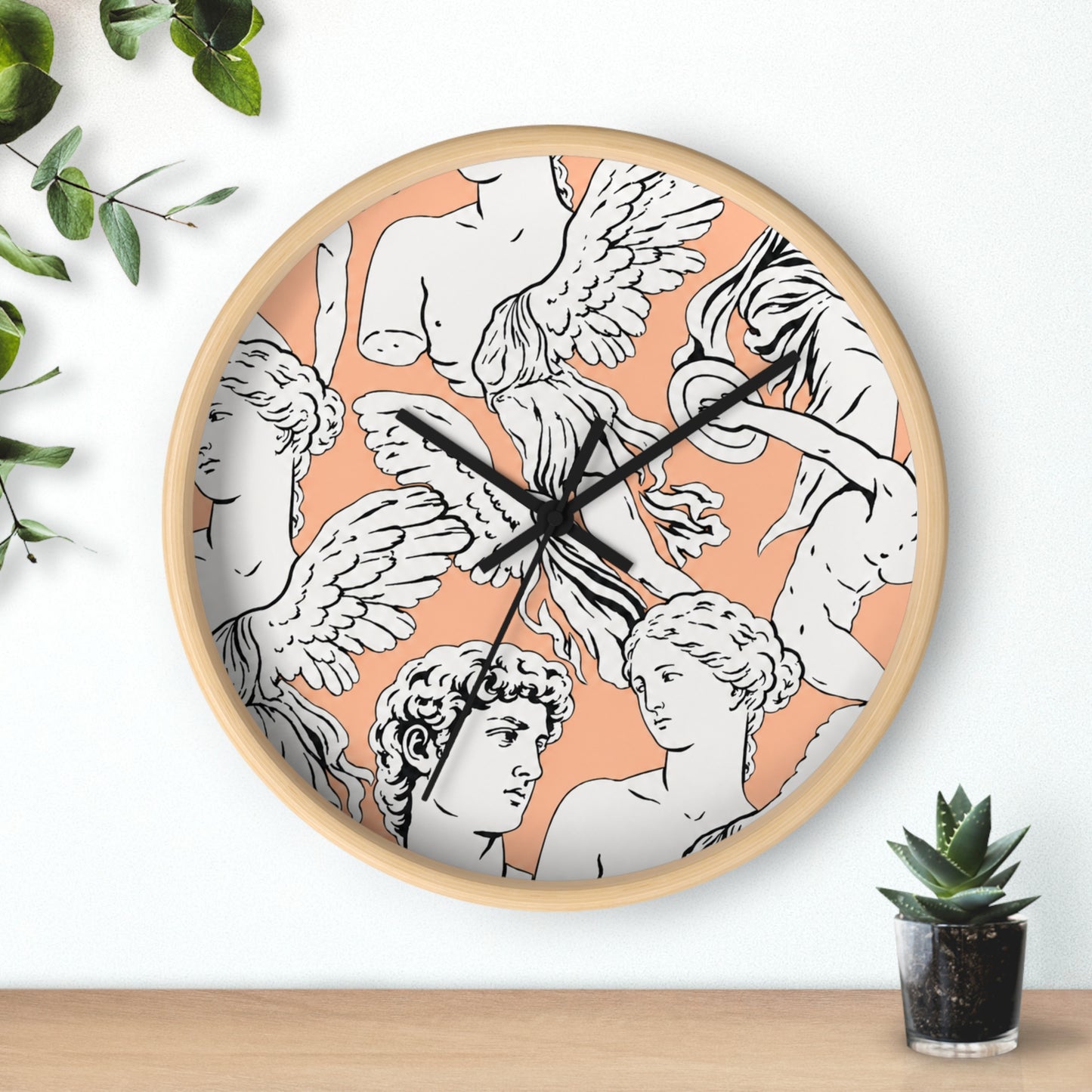 Classical Angel Heads Wall Clock — Peach Vintage Sculpture Pattern