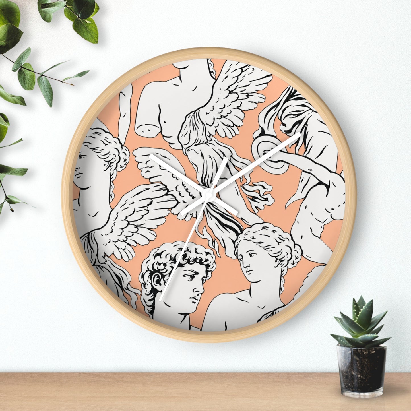 Classical Angel Heads Wall Clock — Peach Vintage Sculpture Pattern